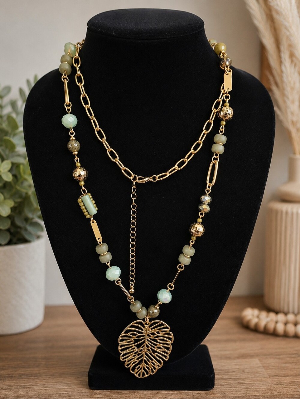Gold Tone Monstera Leaf Pendant Necklace Green Bead Mixed Chain Boho